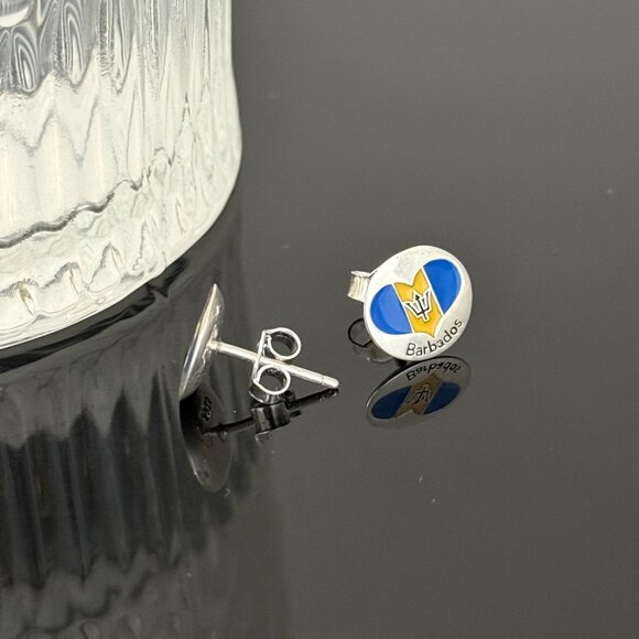 Barbados Heart Flag Earrings S925 Sterling Silver Handmade Ear Stud - Picture 2 of 4